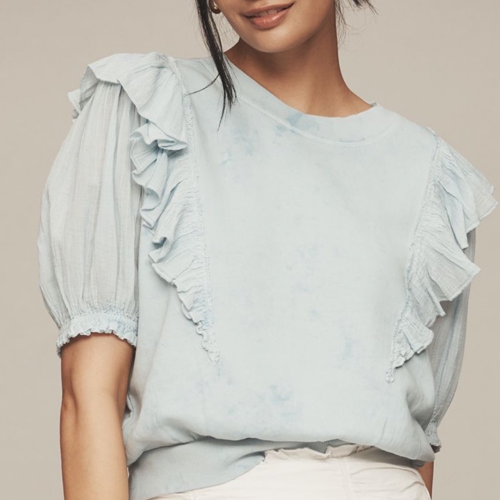 NWT ANTHROPOLOGIE SHORT-SLEEVE RUFFLED TIE-DYE SWEATSHIRT TOP CLOUD SKY BLUE M